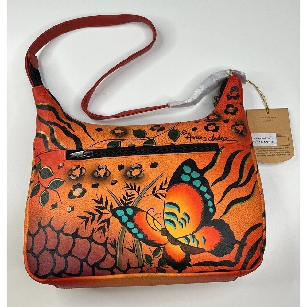 NWT Anuschka Painted Leather Shoulder Purse Wallet Set Women’s Orange - Picture 3 of 10